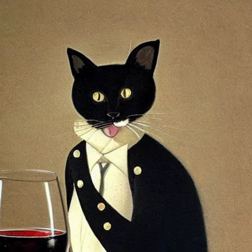 Prompt: 'A cute cat wearing a little hat and a suit with papillon. Drinking a glass of red wine. Elegant environment. Painting by Caravaggio'