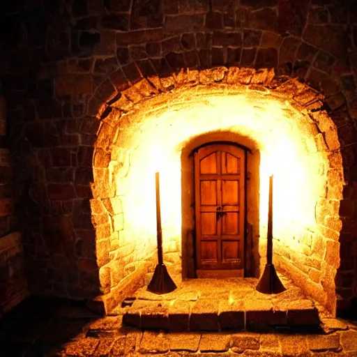 Image similar to secret door hidden very well in a dungeon wall lit with torches, d & d, photo