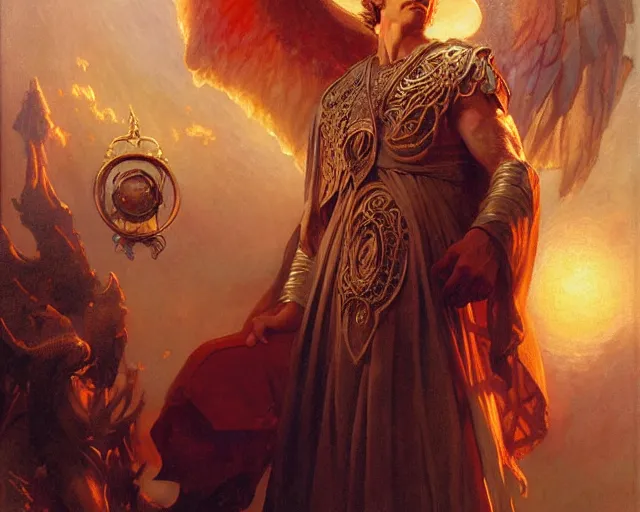 Image similar to attractive male deity, casting demonic magic, summoning handsome lucifer morning star. highly detailed painting by gaston bussiere, craig mullins, j. c. leyendecker 8 k