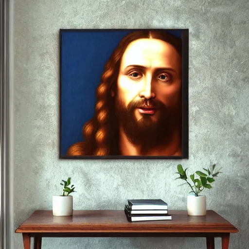 Image similar to portrait of jesus christ preaching to vladmir putin photorealistic frame on the wall ultra-realistic in the colourful style of leonardo da vinci artstation hd oil painting edward hooper Renaissance painting