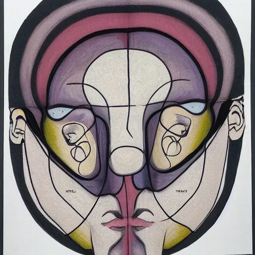 Image similar to A beautiful mixed mediart of a human head. The head is seen from multiple perspectives at once, as if it is being turned inside out or seen through a kaleidoscope. Every angle and curve of the head is explored and emphasized, creating an optical illusion that is both confusing and mesmerizing. icy, isotype by Jean Arp somber