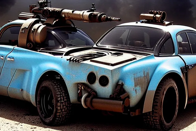 Prompt: dieselpunk mad max alpine a 1 1 0 with guns installed, movie still from ghost in the shell