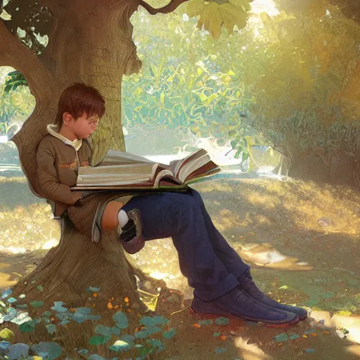 Image similar to Kid reading a book in a park, fall in love with reading, highly detailed, digital painting, artstation, concept art, sharp focus, illustration, art by artgerm and greg rutkowski and alphonse mucha