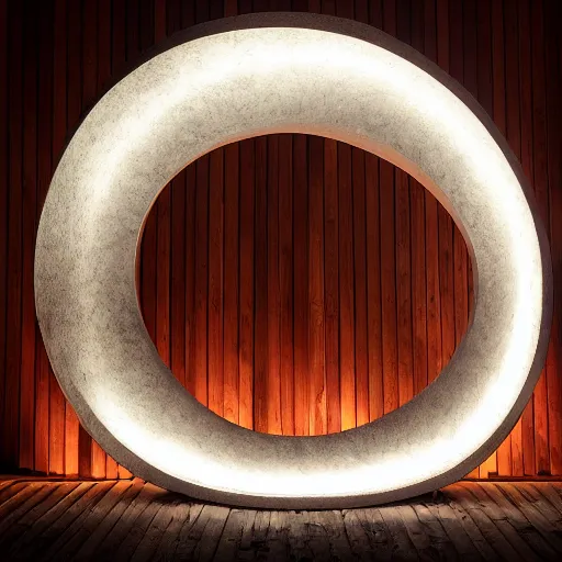 Prompt: circle shaped sculpture, curves, wood, colored lights, portal, sketch
