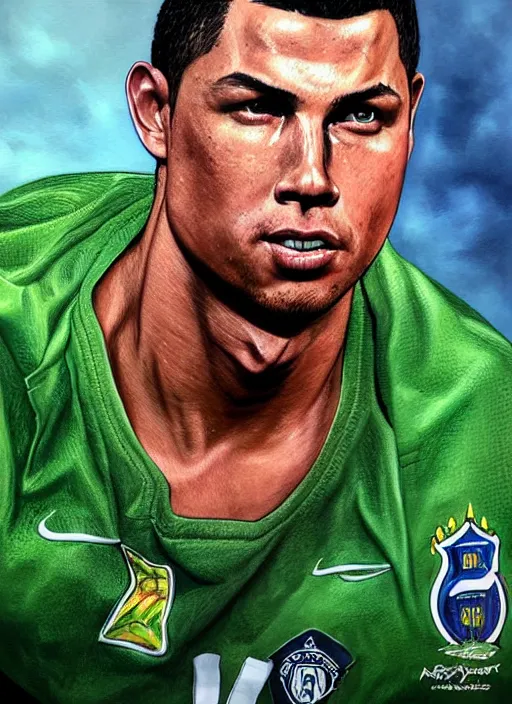 Image similar to portrait of ronaldo nazario, wearing green soccer clothes, very detailed eyes, hyperrealistic, very detailed painting by glenn fabry, by joao ruas, by artgerm