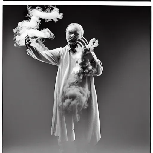 Image similar to a man who's head is turning into a puff of smoke, annie liebowitz, black and white