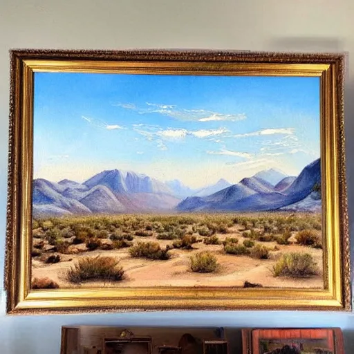 Image similar to this painting is simply stunning. it is a beautiful landscape painting of a desert scene, with mountains in the background and a bright sky. the detail is amazing. it is a truly beautiful painting.
