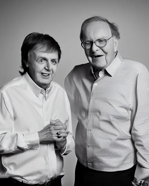 Prompt: 35mm macro photograph Paul McCartney and Warren Buffet, flirting expression, wearing a camisole, vibrant high contrast, octane, arney freytag, Fashion photo shoot,, glamorous, tattoos,shot in the photo studio, backlit, rim lighting, 8k