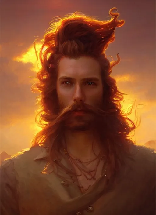 Image similar to portrait painting of a handsome rugged long hair crimson hair male pirate, soft hair steampunk ornate zeppelin in the sky sunset golden hour art by greg rutkowski gaston bussiere fantasy soft hair trending on artstation deviantart book cover art concept art key art dramatic volumetric lighting, 4 k, award winning