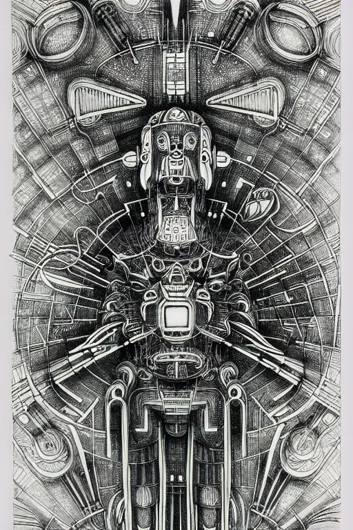 Image similar to a black and white drawing of futuristic ancient japanese temple mech, bioluminescence, a detailed mixed media collage by eduardo paolozzi and ernst haeckel, intricate linework, sketchbook psychedelic doodle comic drawing, geometric, deconstructivism, matte drawing, academic art, constructivism