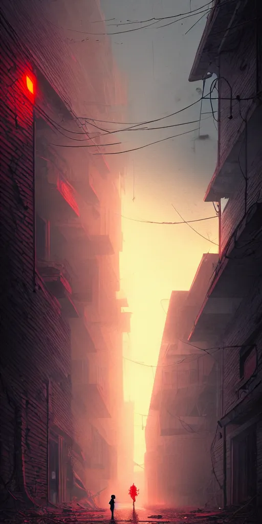 Image similar to abandoned apocalyptic old alley with a kid at the centre, epic red sunlight, perfect lightning, illustration by niko delort,