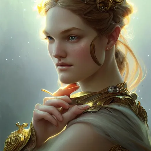 Image similar to beautiful Ering Heatherton, closeup, D&D, fantasy, intricate, elegant, highly detailed, digital painting, artstation, concept art, matte, sharp focus, illustration, art by Artgerm and Greg Rutkowski and Alphonse Mucha