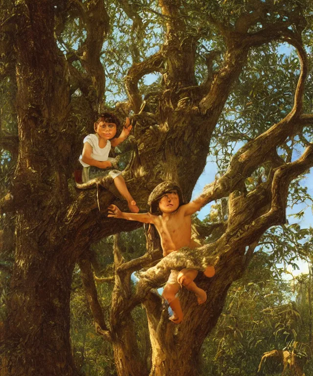 Image similar to masterful oil on canvas painting, eye - level view, shot from 5 0 feet distance, of a kid playing in a treehouse. in the background is a whimsical sparse forest. by ambrosius benson and gerald brom. golden hour, detailed, depth, volume, chiaroscuro, quiet intensity, vivid color palette.