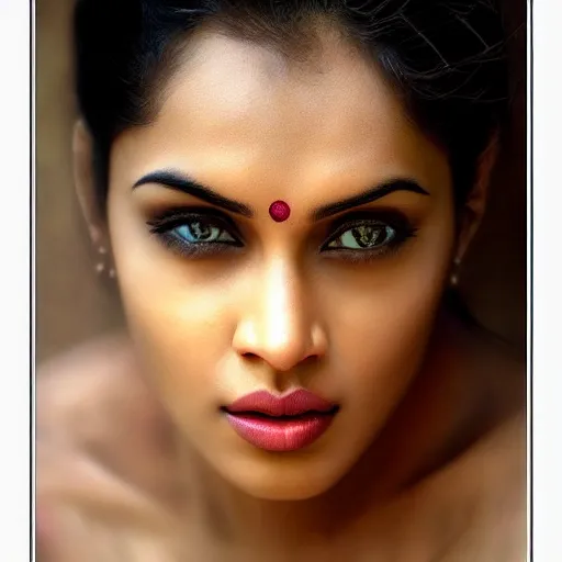 Prompt: Portrait photography of indian beauty who have the nose of Angelina Jolie, lips of Megan Fox and the eyes of Rihanna, award winning photography by Leonardo Espina