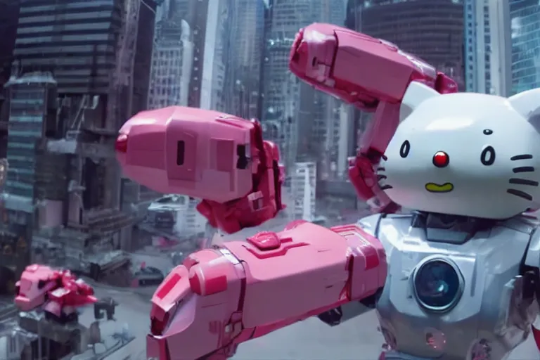 Prompt: 4 k footage from live action sci - fi film about mecha hello kitty, action shot, giant robot hello kitty