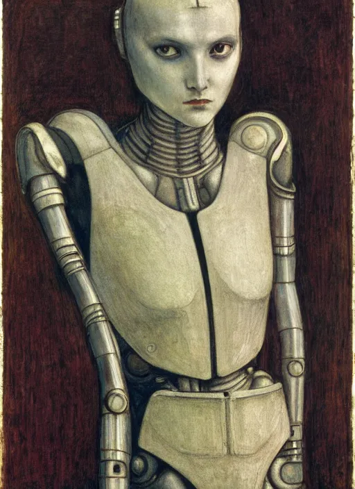 Prompt: a portrait of a robot cyborg by Edward Burne-Jones, pre-raphaelite style