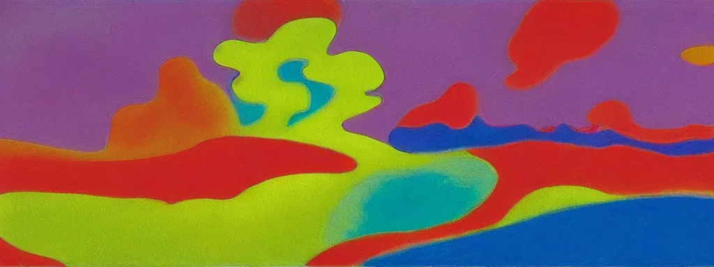 Image similar to Psychedelic sci-fi dreamworld. Landscape painting. Organic. Winding rushing water. Waves. Clouds. Peter Max. Landscape by Milton Avery.