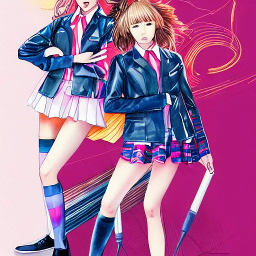 Image similar to a perfect, realistic professional digital sketch of two synthwave Japanese schoolgirls posing, in style of Marvel, full length, by pen and watercolor, by a professional American senior artist on ArtStation, a high-quality hollywood-style sketch, on high-quality paper