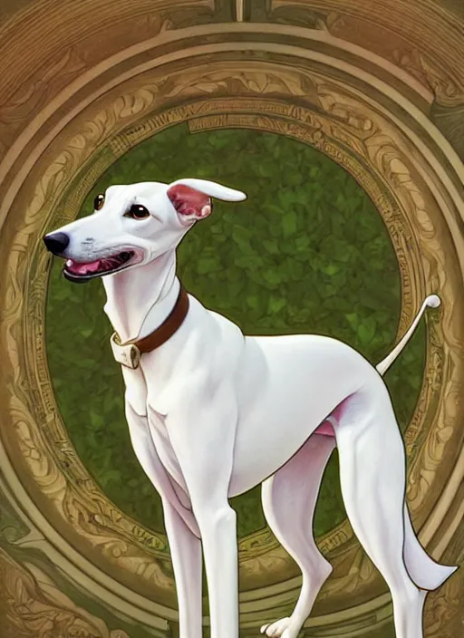 Image similar to cute white brown greyhound, green toy bone on floor, natural lighting, path traced, highly detailed, high quality, digital painting, by don bluth and ross tran and studio ghibli and alphonse mucha, artgerm