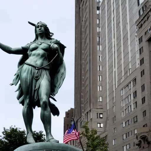 Prompt: the motherland calls, but in new york where the statue of libery is supposed to be at