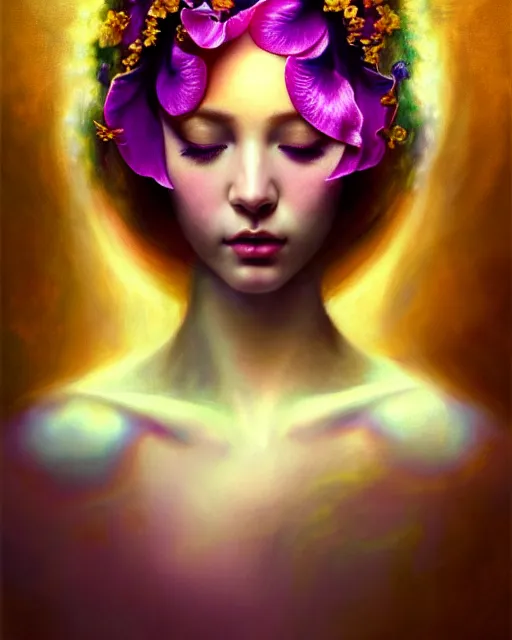 Image similar to portrait of the beautiful young goddess of orchids, unusual beauty, etheric, outworldly colours, emotionally evoking symbolic metaphors, head in focus, fantasy, ornamental, intricate, elegant, highly detailed hyperrealistic painting, artstation, concept art, painterly, golden ratio, sharp focus, illustration, art by anna dittman,