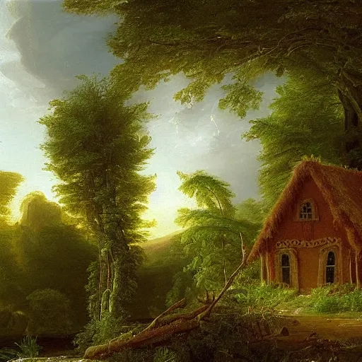 Image similar to an oil painting of a gingerbread house in the forest, by thomas cole, ivan shiskin, and james gurney