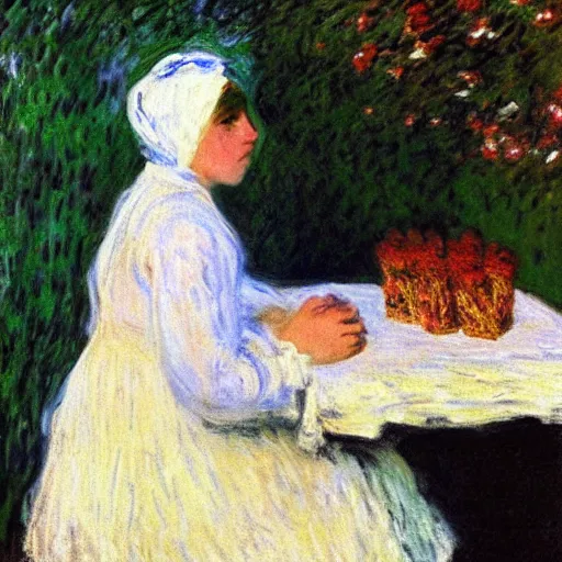 Image similar to a girl with a white headkerchief sitting alone on a birthday table looking sad by monet