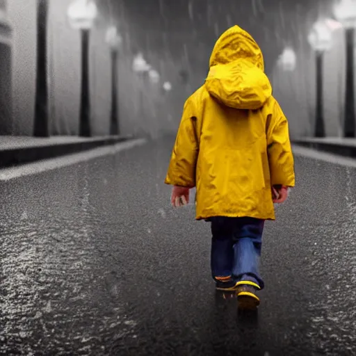 Image similar to A small child wearing a yellow rain coat walking alone in a dark alley,it is raining heavily, scary atmosphere,gloomy lighting, digital art , highly detailed , high contrast, beautiful lighting, award winning , trending on art station, 8k, photo realistic