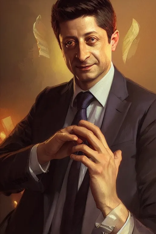 Image similar to zelensky as president, portrait, highly detailed, digital painting, artstation, concept art, smooth, sharp focus, illustration, cinematic lighting, art by artgerm and greg rutkowski and alphonse mucha