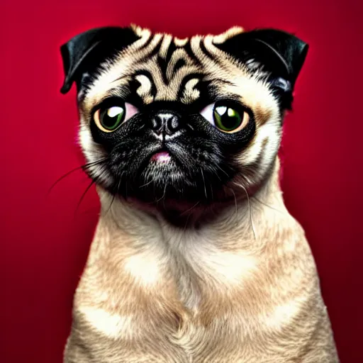 Image similar to a feline cat - pug - hybrid, animal photography