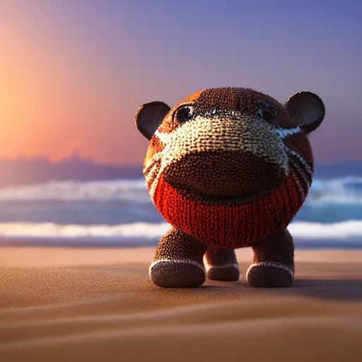 Image similar to a closeup photorealistic photograph of a cute smiling knitted tiger hippopotamus chasing a beachball at sunset. surf in the background. professional capture. this 4 k hd image is trending on artstation, featured on behance, well - rendered, extra crisp, features intricate detail, epic composition and the style of unreal engine.