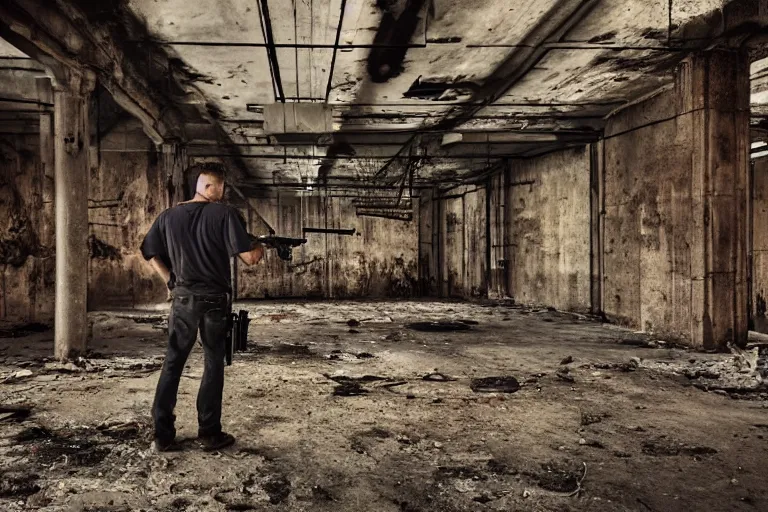 Prompt: man with shotgun in an abandoned industrial complex, intricate details, cinematic, wide angle