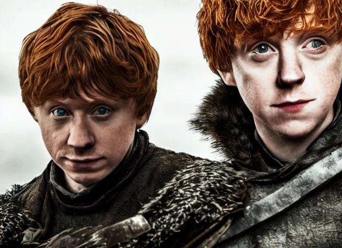 Prompt: handsome ron weasley in game of thrones, attractive rupert grint in game of thrones, handsome portrait of the actor, live action film, cinematic photo, clear hd image