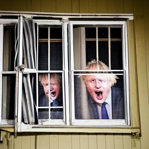 Prompt: a photo taken from the inside of an old house showing window blinds being pulled back to reveal a terrifying boris johnson with his face pressed against the window, boris ’ hand placed on the window, horrifying grin. horror, raining, night time