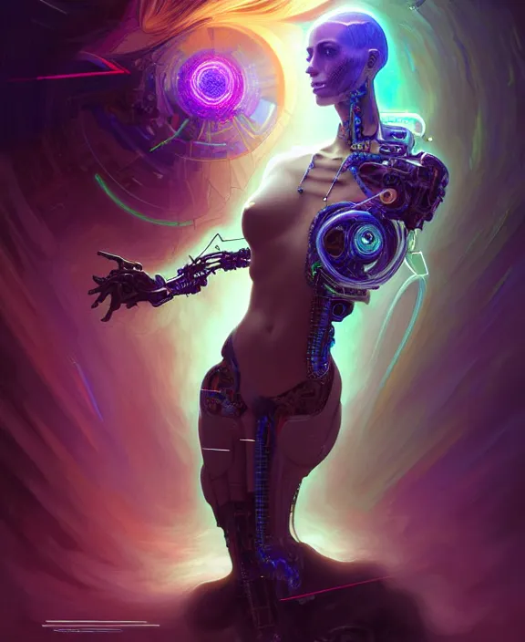 Image similar to a whirlwind of souls rushing inside the metaverse, hologram, half body, neurochip, shaved temple, piercing, jewelry, android, cyborg, cyberpunk face, by loish, d & d, fantasy, intricate, elegant, highly detailed, colorful, digital painting, artstation, concept art, art by artgerm and greg rutkowski and alphonse mucha