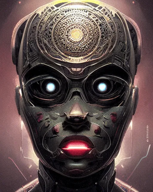 Image similar to professional ominous concept art portrait of a robot character with a flat metallic mandala face by artgerm and greg rutkowski. an intricate, elegant, highly detailed digital painting, concept art, smooth, sharp focus, illustration, in the style of simon stalenhag, wayne barlowe, and igor kieryluk.