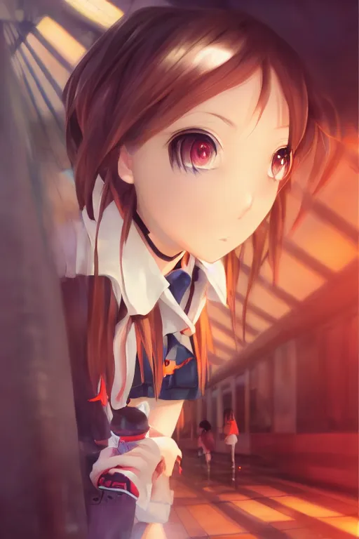 Image similar to 3d dark infrared octane render portrait of beauty anime schoolgirl under dark japan subway. cute face. dramatic light, trending on artstation, 3d art by hayao miyazaki oil painting