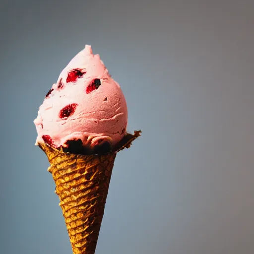 Prompt: a photograph of a strawberry chip ice cream cone, with a cone made from a pinecone. shallow depth of field, fine textured detail.