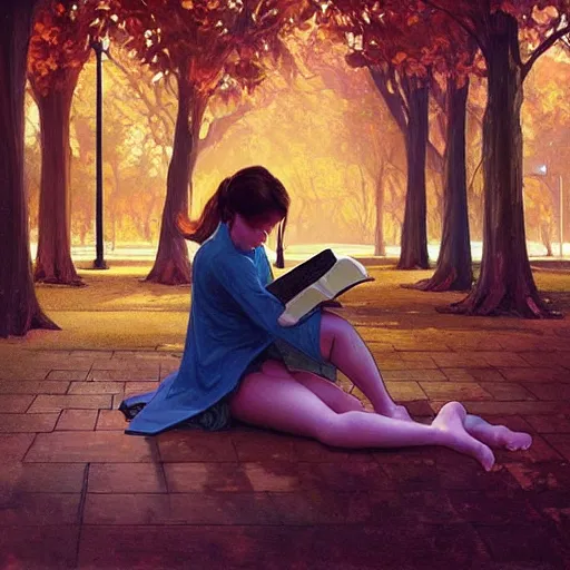 Prompt: hyperrealistic oil painting of a girl reading a book in park, street lighting, extremely fine details, realistic shaded lighting, artgerm, 8 k ultra realistic, highly detailed, art by christopher balaskas, alphonse mucha, craig mullins, alena aenami, laura sava