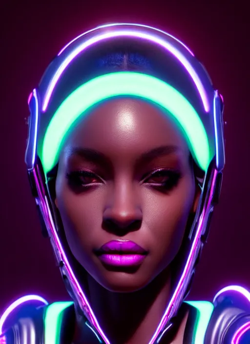 Prompt: photorealistic portrait of black american female humanoid, cyber neon lights, highly detailed, cyberpunk high fashion, elegant, crispy quality, trending in artstation, trending in pinterest, glamor pose, no signature, no watermark, cinematic, octane render, cute face, art by artgerm and greg rutkowski and pascal blanche