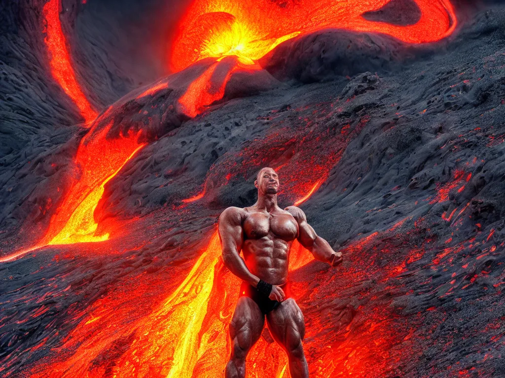 Image similar to portrait of a bodybuilder on surfing board inside erupting volcano, lava splashes, stunning scene, 8 k, extremely detailed digital painting, depth, bright colors, trending on artstation