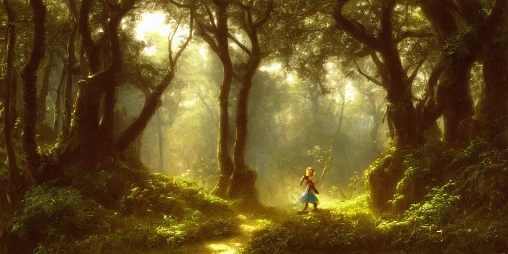 Image similar to close up of young link with fairy!!!! entering an old!!! forest temple!!! full of green trees and plants, under a gray foggy sky, oil painting by albert bierstadt