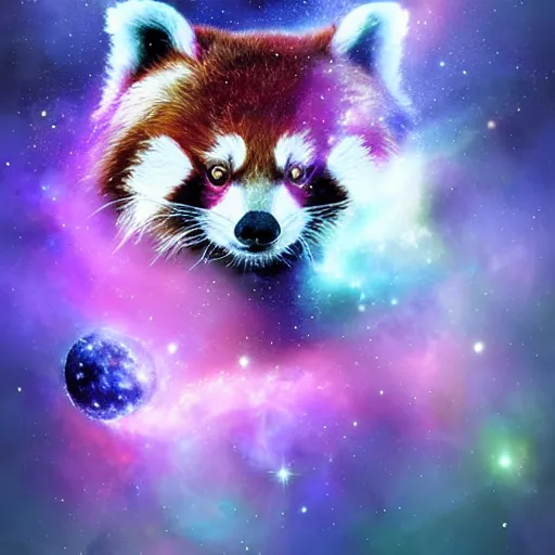 Image similar to geometric red panda with galaxy eyes in space, nebula in the background, intricate, elegant, highly detailed, digital painting, artstation, concept art, smooth, sharp focus, illustration, art by artgerm