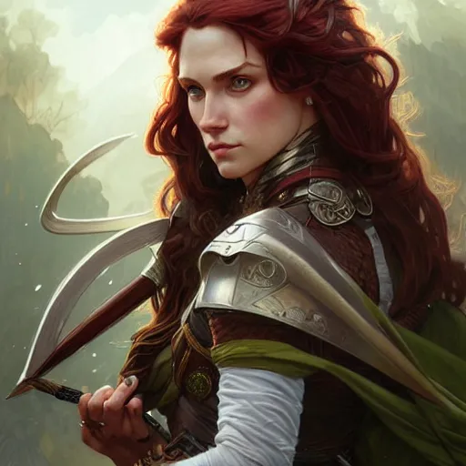 Prompt: Portrait of serious female ranger, D&D, green eyes, face, long red hair, fantasy, intricate, elegant, highly detailed, digital painting, artstation, concept art, smooth, sharp focus, illustration, art by artgerm and greg rutkowski and alphonse mucha