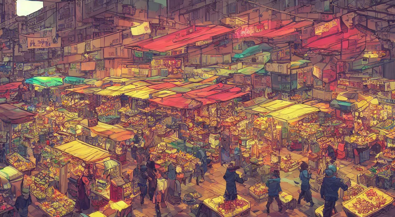 Image similar to a market in hong kong painting stylized digital illustration video game icon global illumination ray tracing neon that looks like it is from borderlands and by feng zhu and loish and laurie greasley, victo ngai, andreas rocha, john harris