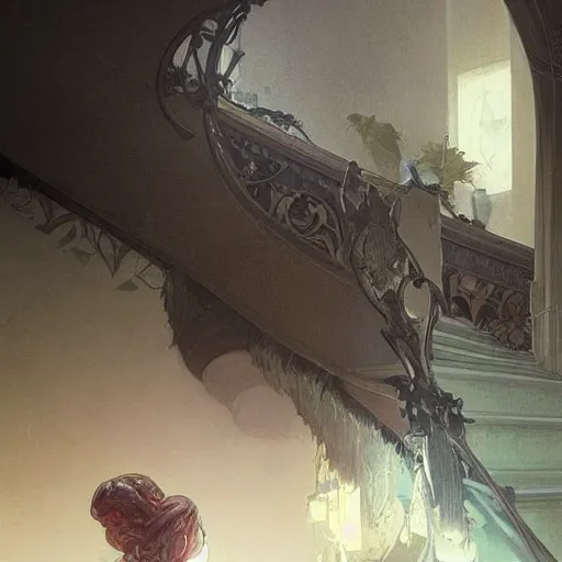 Image similar to a stairway to heaven that is collapsing, art by artgerm and greg rutkowski and alphonse mucha, elegant, intricate, highly detailed, digital painting, artstation, concept art, sharp focus, illustration, 8 k