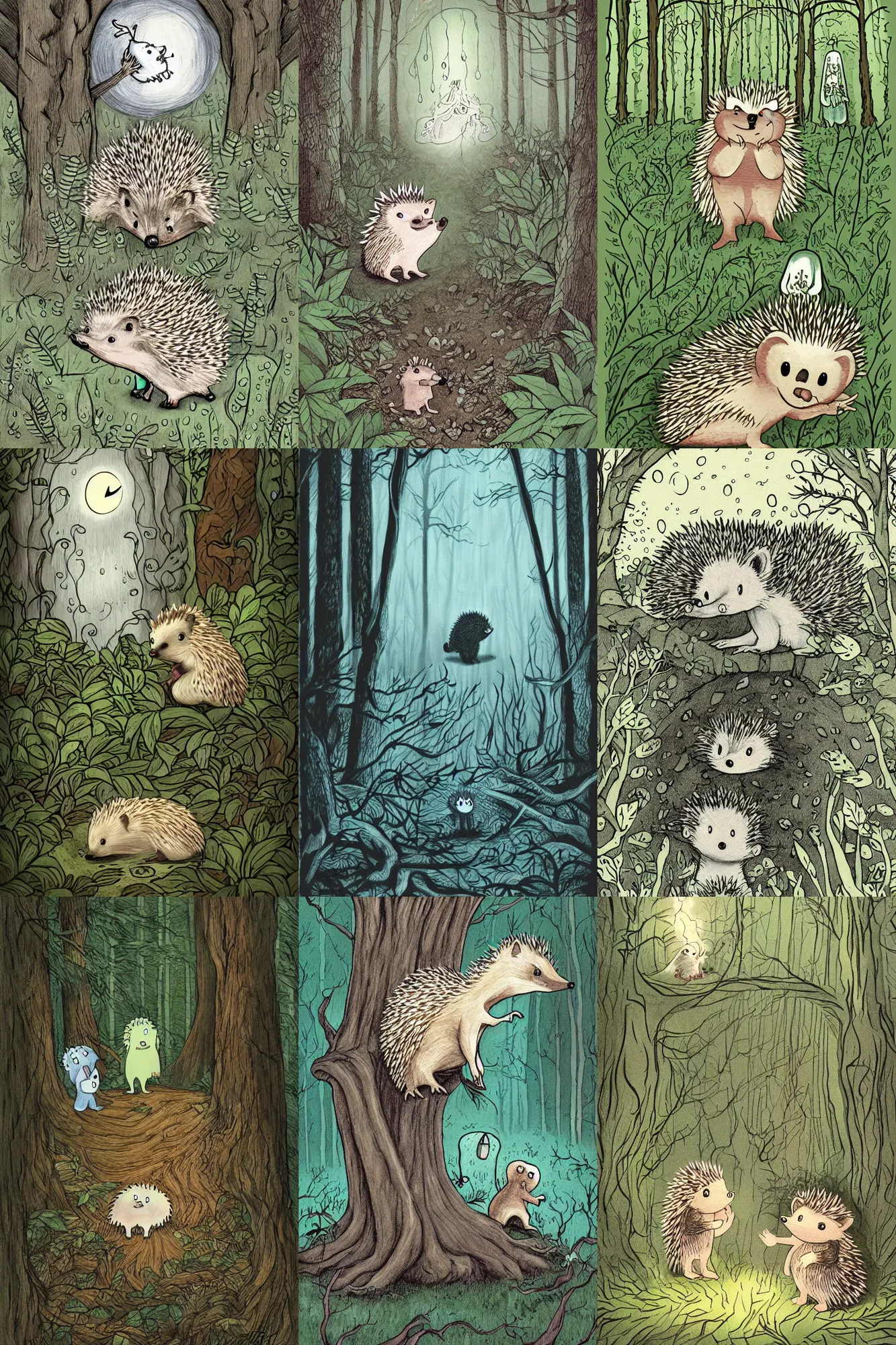 Prompt: hedgehog in the forest haunted by a ghost, ghost hedgehog, children's book illustration, cartoon, detailed, Lucy Fleming, rainy, creepy, horror