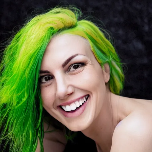 Image similar to a portrait image of a skinny 38 year old attractive woman with green hair and large yellow eyes, a wide smile and a genuinely happy and calm expression, looking directly at the camera