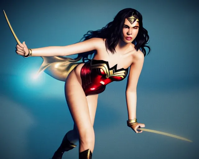 Image similar to Dua Lipa As Wonder Woman, Playboy Centerfold, Full Figure, 8K, octane render, HDR, photorealistic, volumetric lighting, Hyperrealistic-H 960