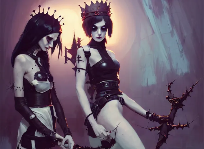 Image similar to two cute goth maiden girls with crown of thorns and white short hairs, dressed in leather belts, warhammer, cyberpunk, by atey ghailan, by greg rutkowski, by greg tocchini, by james gilleard, by joe gb fenton, by kaethe butcher, dynamic lighting, gradient light blue, brown, blonde cream and white color in scheme, grunge aesthetic